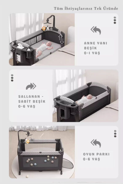 WildNest 3in1 Anne Yanı Park Yatak Katlanır Beşik, Tekerlekli, Yan Açılır, Müzik+Oyuncak+Cibinlik - 23