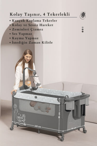 WildNest 3in1 Anne Yanı Park Yatak Katlanır Beşik, Tekerlekli, Yan Açılır, Müzik+Oyuncak+Cibinlik - 31
