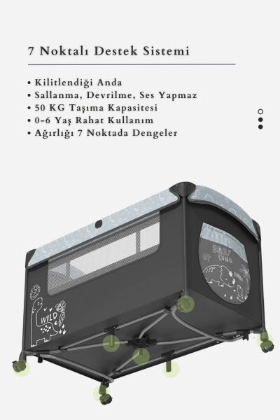 WildNest 3in1 Anne Yanı Park Yatak Katlanır Beşik, Tekerlekli, Yan Açılır, Müzik+Oyuncak+Cibinlik - 33