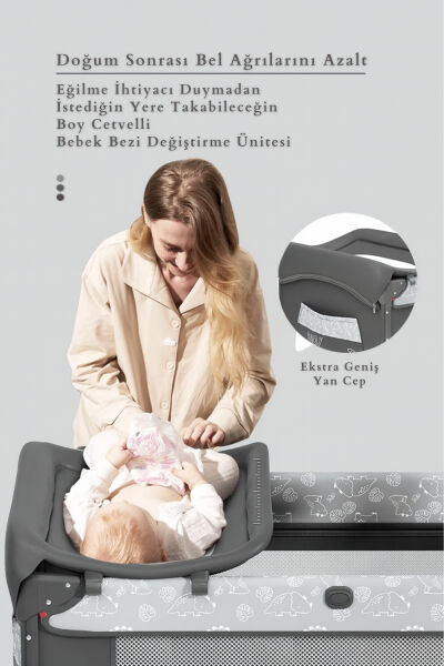 WildNest 3in1 Anne Yanı Park Yatak Katlanır Beşik, Tekerlekli, Yan Açılır, Müzik+Oyuncak+Cibinlik - 19