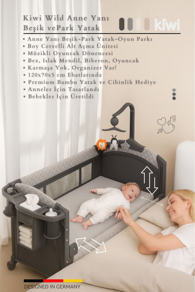 WildNest 3in1 Anne Yanı Park Yatak Katlanır Beşik, Tekerlekli, Yan Açılır, Müzik+Oyuncak+Cibinlik - 6
