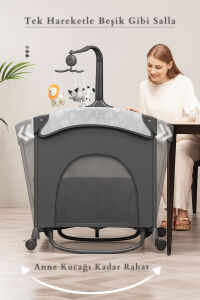 WildNest 3in1 Anne Yanı Park Yatak Katlanır Beşik, Tekerlekli, Yan Açılır, Müzik+Oyuncak+Cibinlik - 8