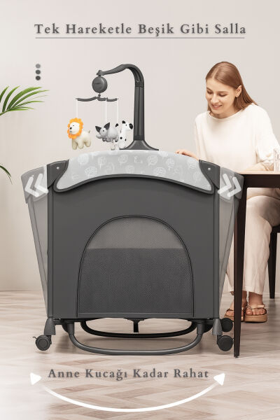 WildNest 3in1 Anne Yanı Park Yatak Katlanır Beşik, Tekerlekli, Yan Açılır, Müzik+Oyuncak+Cibinlik - 8