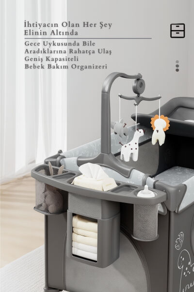 WildNest 3in1 Anne Yanı Park Yatak Katlanır Beşik, Tekerlekli, Yan Açılır, Müzik+Oyuncak+Cibinlik - 16