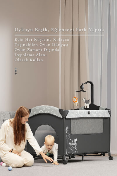 WildNest 3in1 Anne Yanı Park Yatak Katlanır Beşik, Tekerlekli, Yan Açılır, Müzik+Oyuncak+Cibinlik - 17